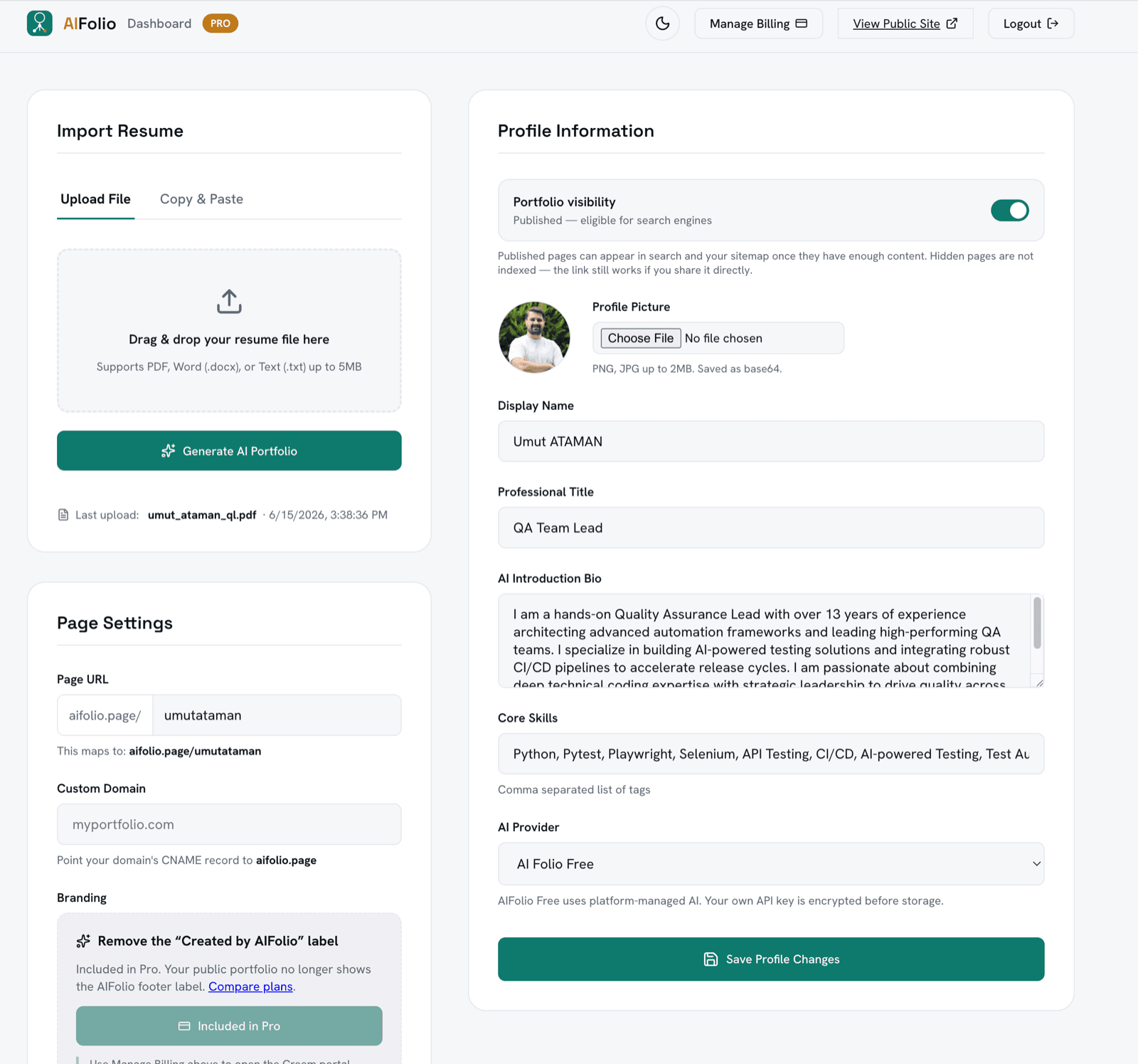 The AIFolio dashboard: a résumé upload panel and page settings on the left, profile fields for name, title, introduction and skills on the right.