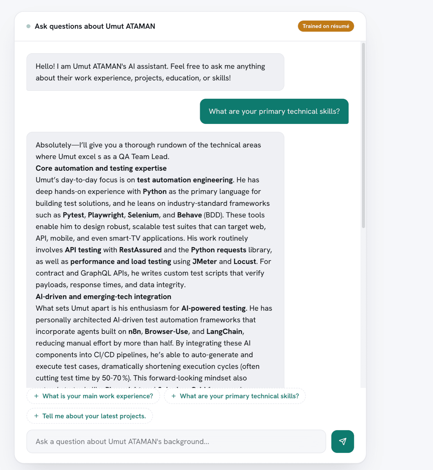 The assistant on a published AIFolio page answering the question "What are your primary technical skills?" with a detailed reply drawn from the résumé.